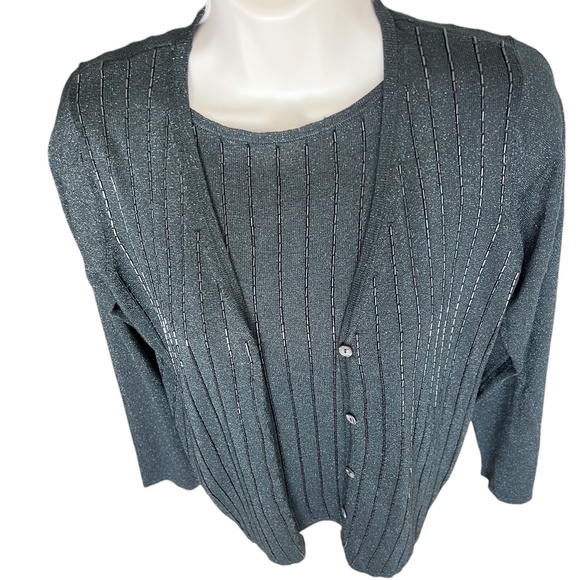 C'est City silk metallic beaded sweater set V cardigan over tank black knit - Picture 4 of 14